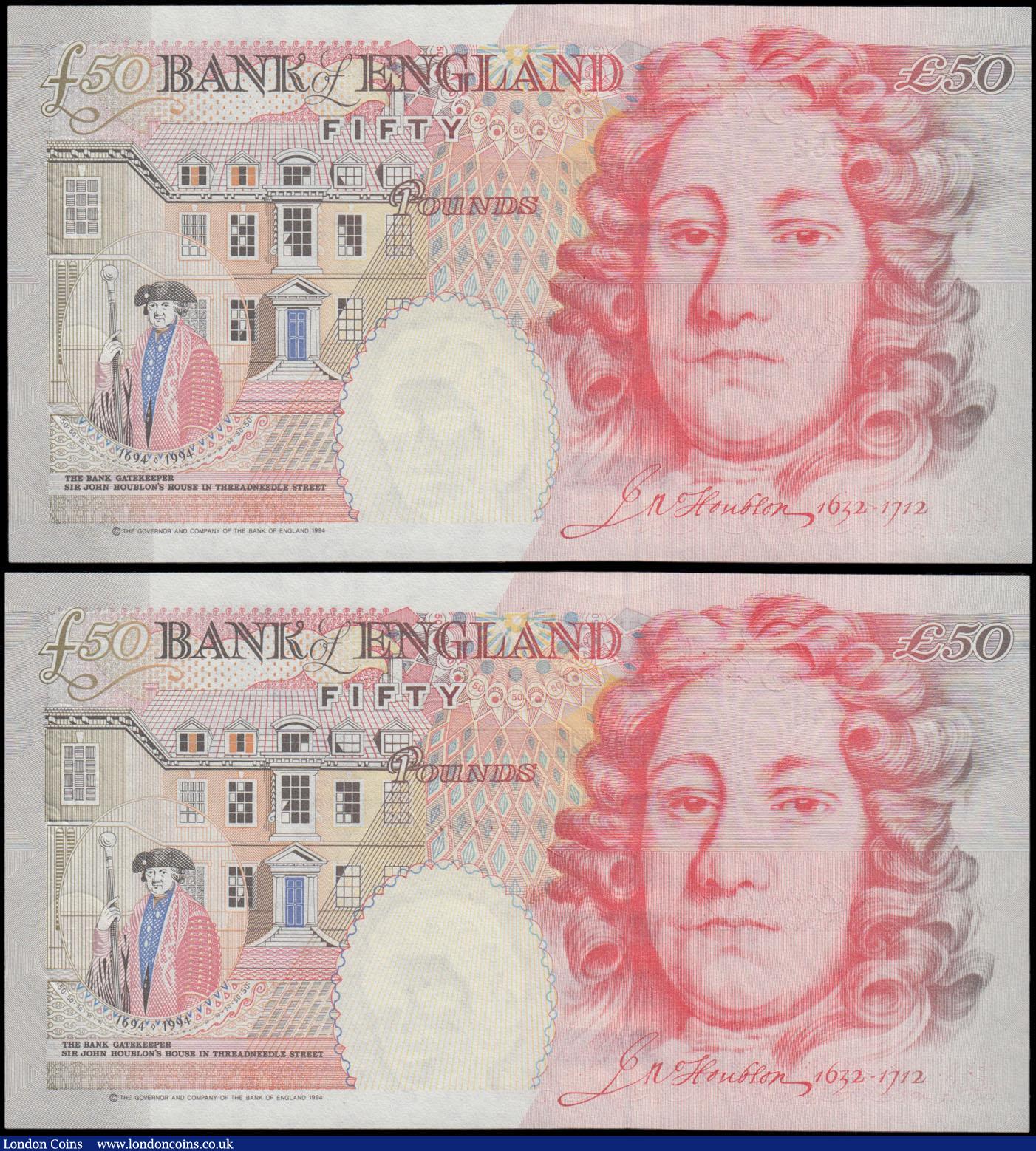 London Coins : A161 : Lot 122 : Fifty Pounds Kentfield B379 (2) issued 1994, scarce REPLACEMENT notes series LL03 993043 & LL03 ...