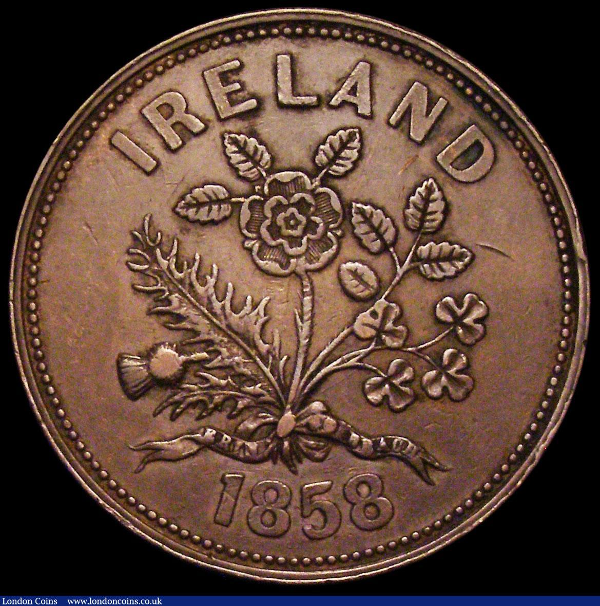 London Coins : A161 : Lot 1243 : Ireland Penny Token 1858 William Hodgins Banker Cloghjordan VF the reverse with floral design IRELAN...