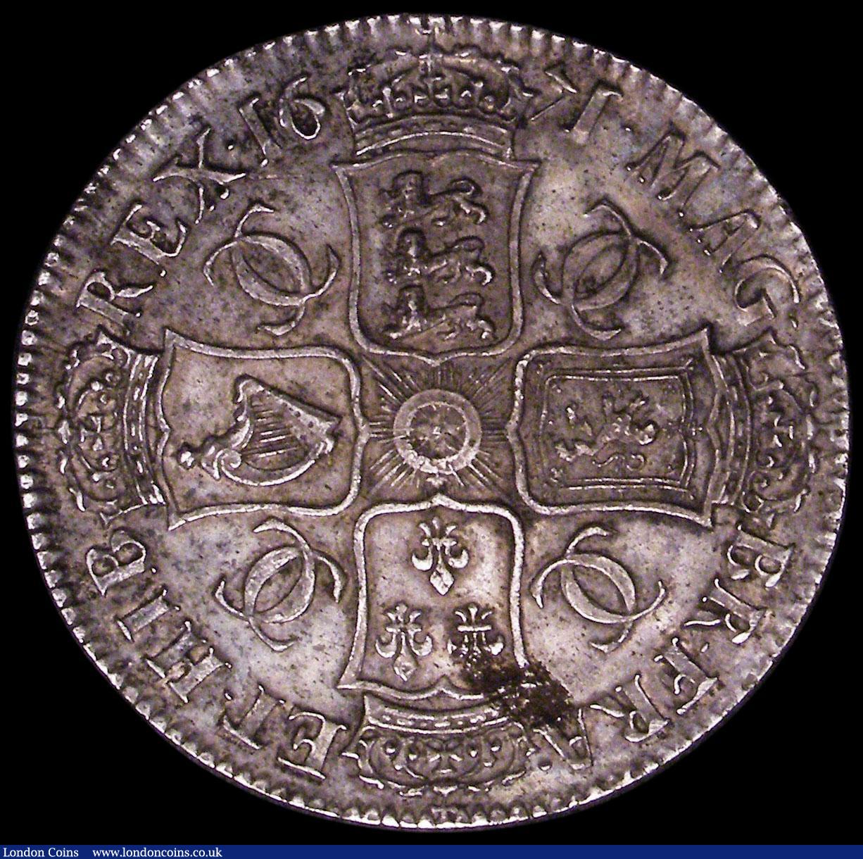 London Coins : A161 : Lot 1467 : Crown 1671 VICESIMO TERTIO ESC 43, Bull 386 EF with a pleasing underlying tone and some haymarking, ...