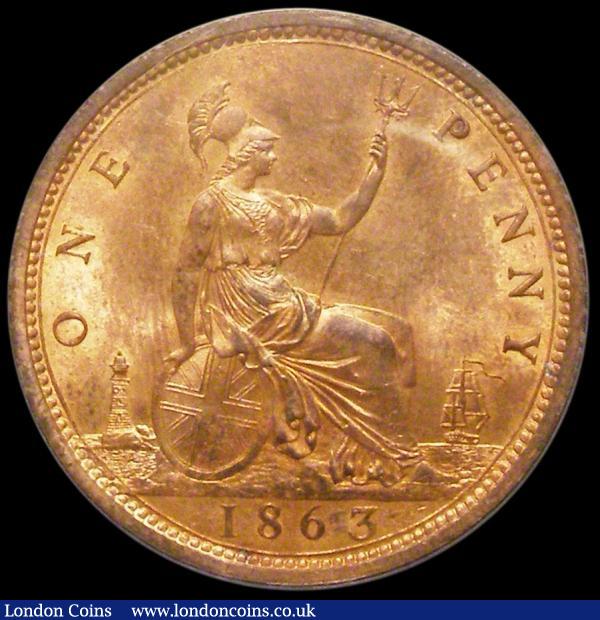 Penny 1863 Freeman 42 dies 6+G Choice UNC with good lustre, in an LCGS holder and graded LCGS 85, lists at £575 on the LCGS Valuations Page, the joint finest known of 33 examples thus far recorded by the LCGS Population Report : English Coins : Auction 161 : Lot 1824