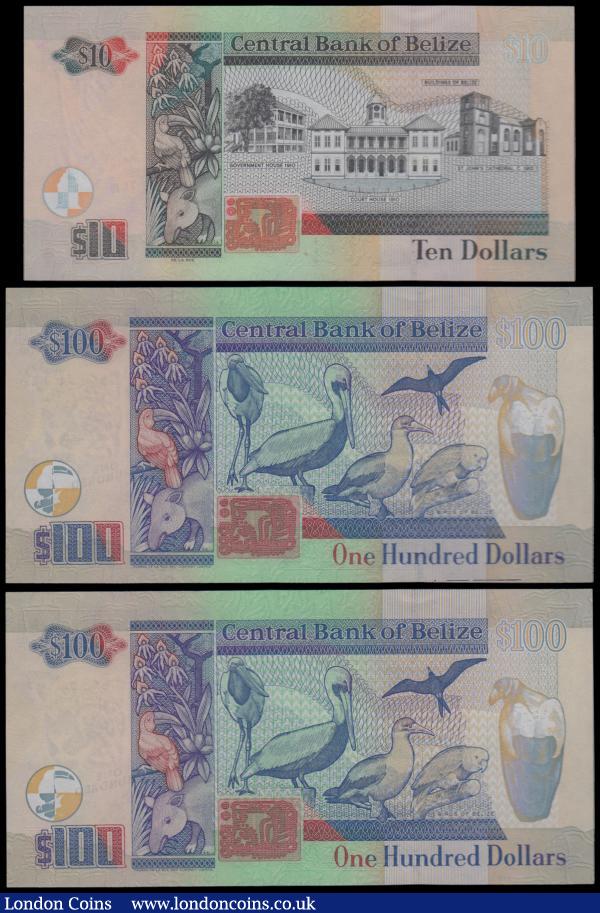 Belize Central Bank (3), 100 Dollars (2) dated 1st November 2006 series DB 689909 & DB 689912, (Pick71b), in PMG holders graded 65EPQ Gem Uncirculated, Exceptional Paper Quality, 10 Dollars dated 1st November 2011 series DL163067, (Pick68d), in PMG holder graded 66EPQ Gem Uncirculated, Exceptional Paper Quality : World Banknotes : Auction 161 : Lot 199