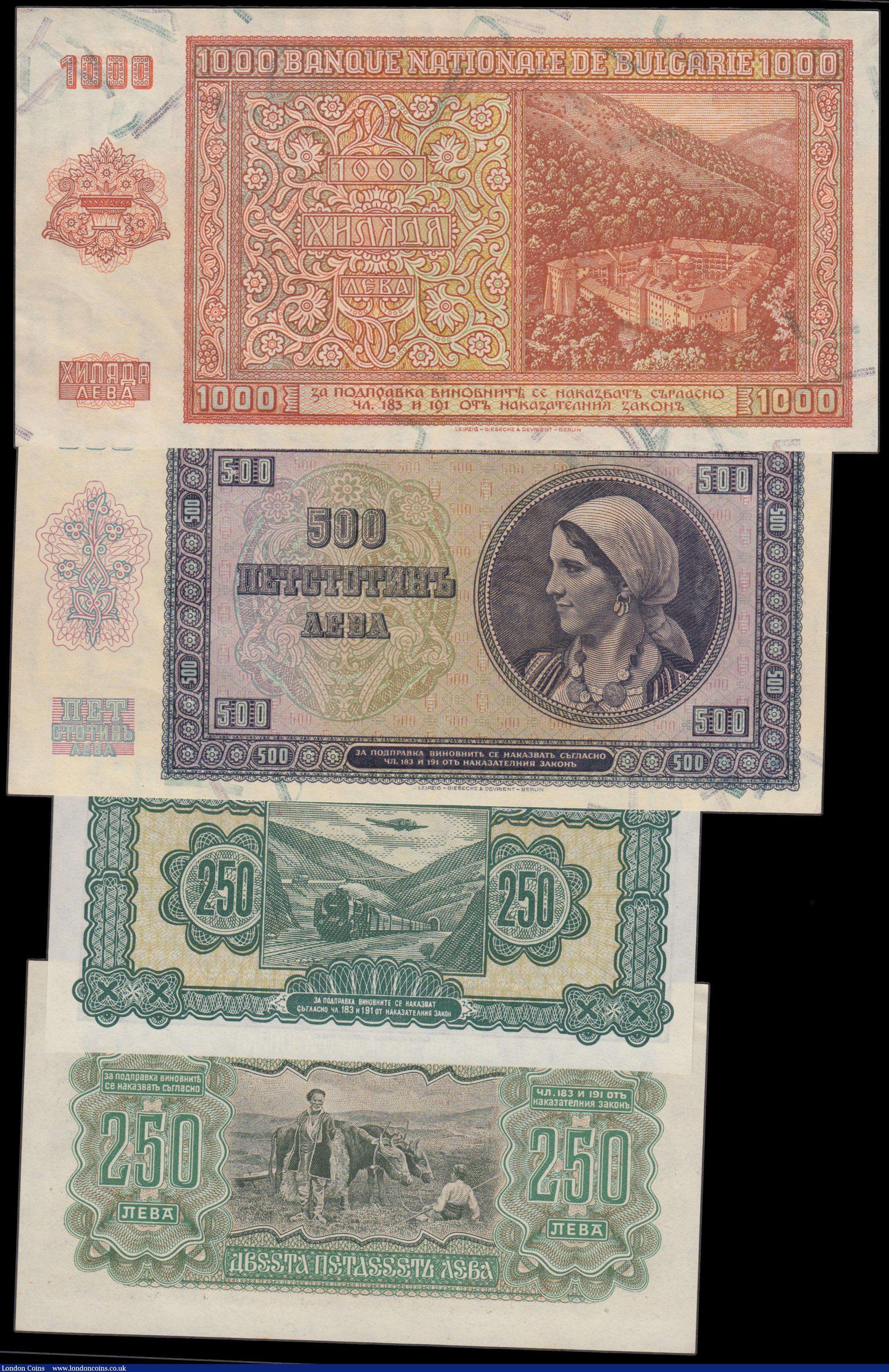 London Coins : A161 : Lot 216 : Bulgaria National Bank (4), 1000 Leva dated 1942, portrait King Boris III at left, (Pick61a), good E...