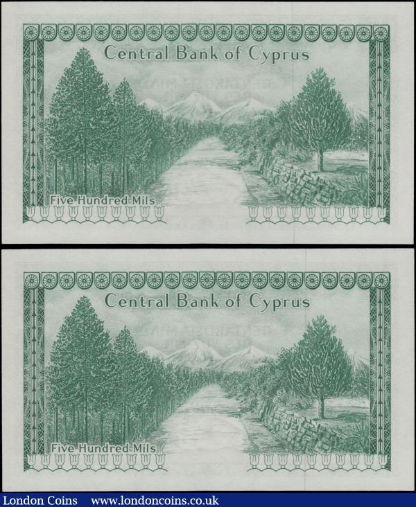 Cyprus Central Bank 500 Mils (2), dated 1st May 1973 a pair of consecutively numbered VERY LOW serial numbers H/29 000014 & H/29 000015, (Pick42b), in PCGS holders graded 66PPQ Gem New, Perfect Paper Quality : World Banknotes : Auction 161 : Lot 247