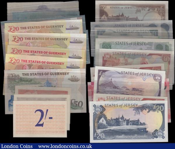 Guernsey & Jersey (33), Guernsey 50 Pounds (1) issued 1994, 20 Pounds (4) issued 1996 including scarce REPLACEMENT series Z003322, very low and very high serial numbers A999955 & D000170, 10 Pounds (1) issued 1995 low serial number E000152, 5 Pounds (2) issued 2000 commemorative Millennium, 1 Pound (5) issued 1991 all REPLACEMENT notes with Z prefix, 10 Shillings (1) dated 1966, the 10/- VF the rest Uncirculated. Jersey 5 , 10 & 20 Pounds issued 1993 & 2000 a set of 3 notes with matching serial numbers 000222, 50 Pounds (1) issued 2010 scarce REPLACEMENT note series DZ000141, 10 Pounds (4) issued 1976, 1989 SPECIMEN note, 1993 & 2000, 5 Pounds (3) issued 1989 one SPECIMEN note and one with low serial number AC000374, one 2010 issue, 1 Pound (4) issued 1976, 1989 & 2010, 10 Shillings issued 1963, all Uncirculated or about, 6 Pence, 1 Shilling & 2 Shillings issued 1941 - 1942, German occupation WW2, all about Uncirculated and scarce in this condition : World Banknotes : Auction 161 : Lot 308