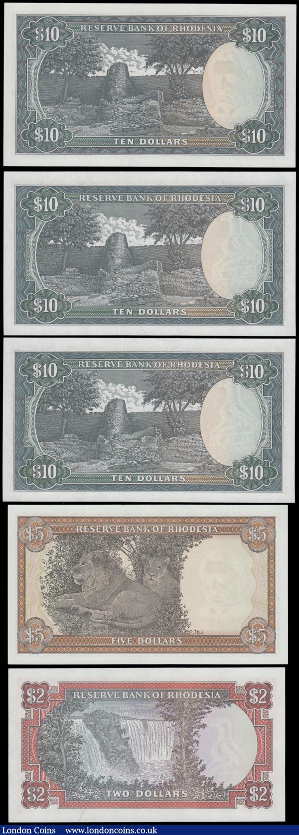 Rhodesia Reserve Bank (5), 10 Dollars (3) dated 1979 & 1976 including a pair of consecutively numbered notes series J/62 575512 & J/62 575513, 5 Dollars dated 1978 and 2 Dollars dated 1979, Uncirculated : World Banknotes : Auction 161 : Lot 412