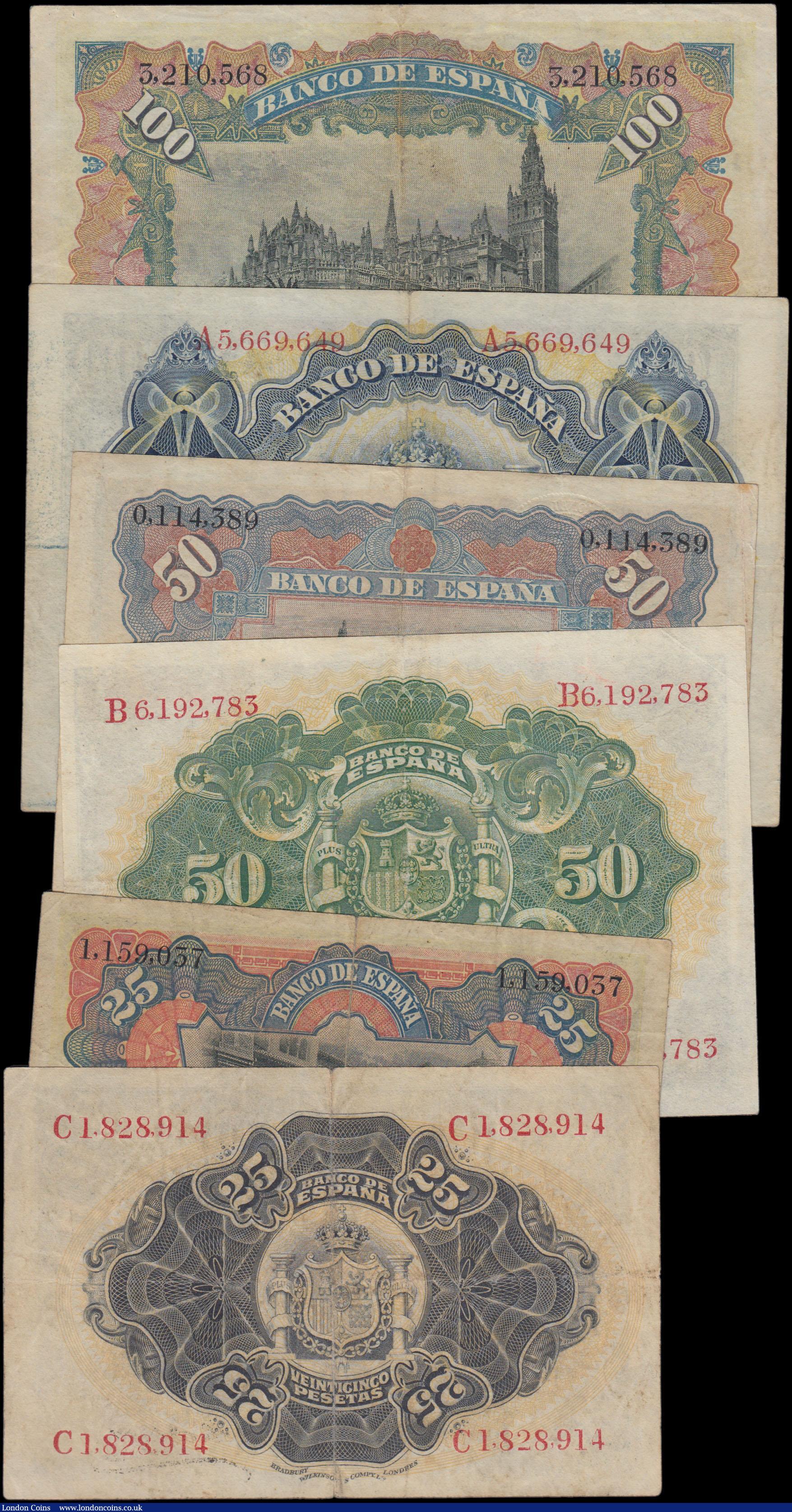 London Coins : A161 : Lot 444 : Spain (6), 100 Pesetas, 50 Pesetas & 25 Pesetas all dated 1906, (Pick57, Pick58 & Pick59), 1...