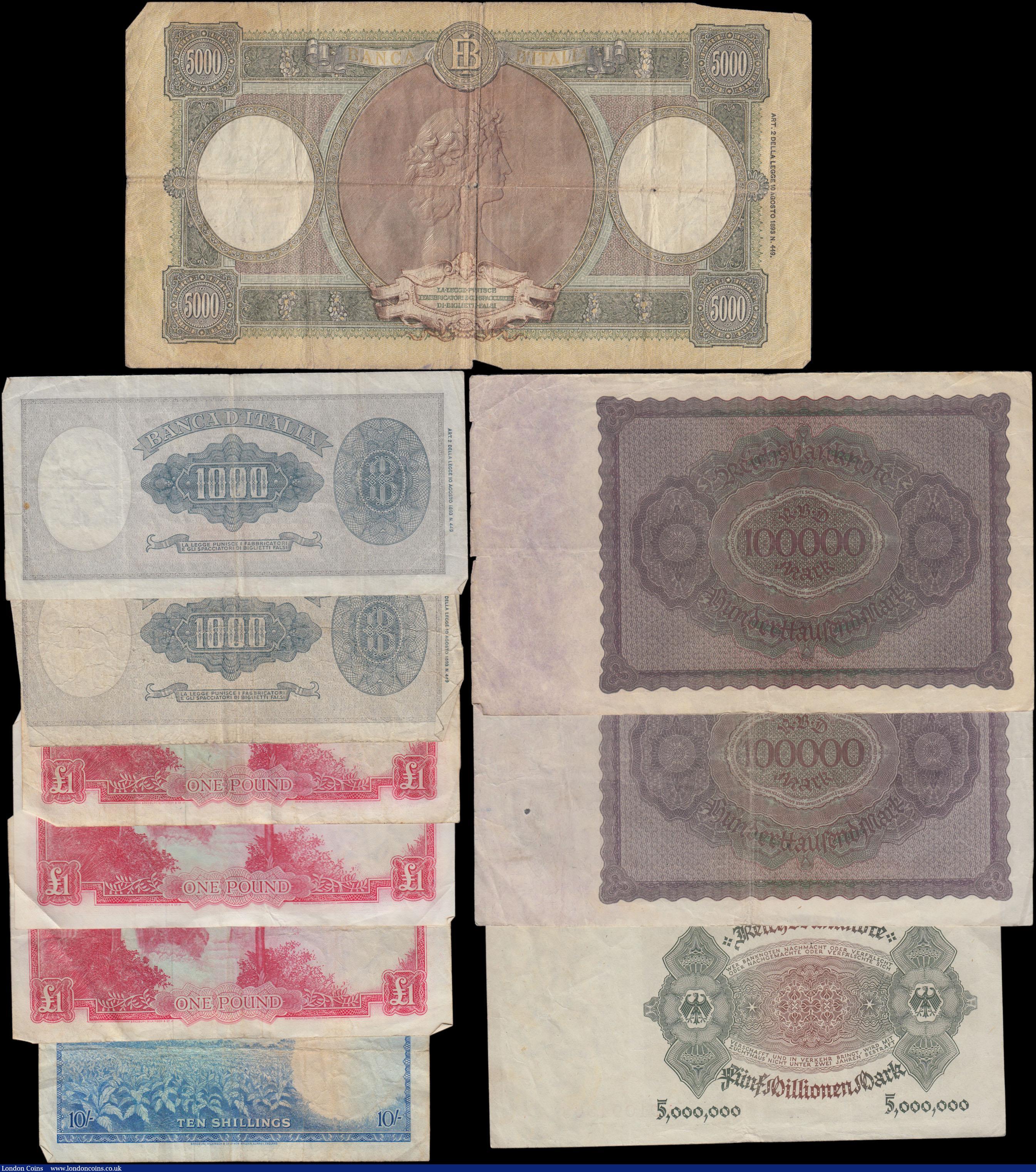 London Coins : A161 : Lot 496 : World lot (10), Rhodesia (4), 10 Shillings dated 1964 series H/6 852799, (Pick24a), 1 Pound (3) date...