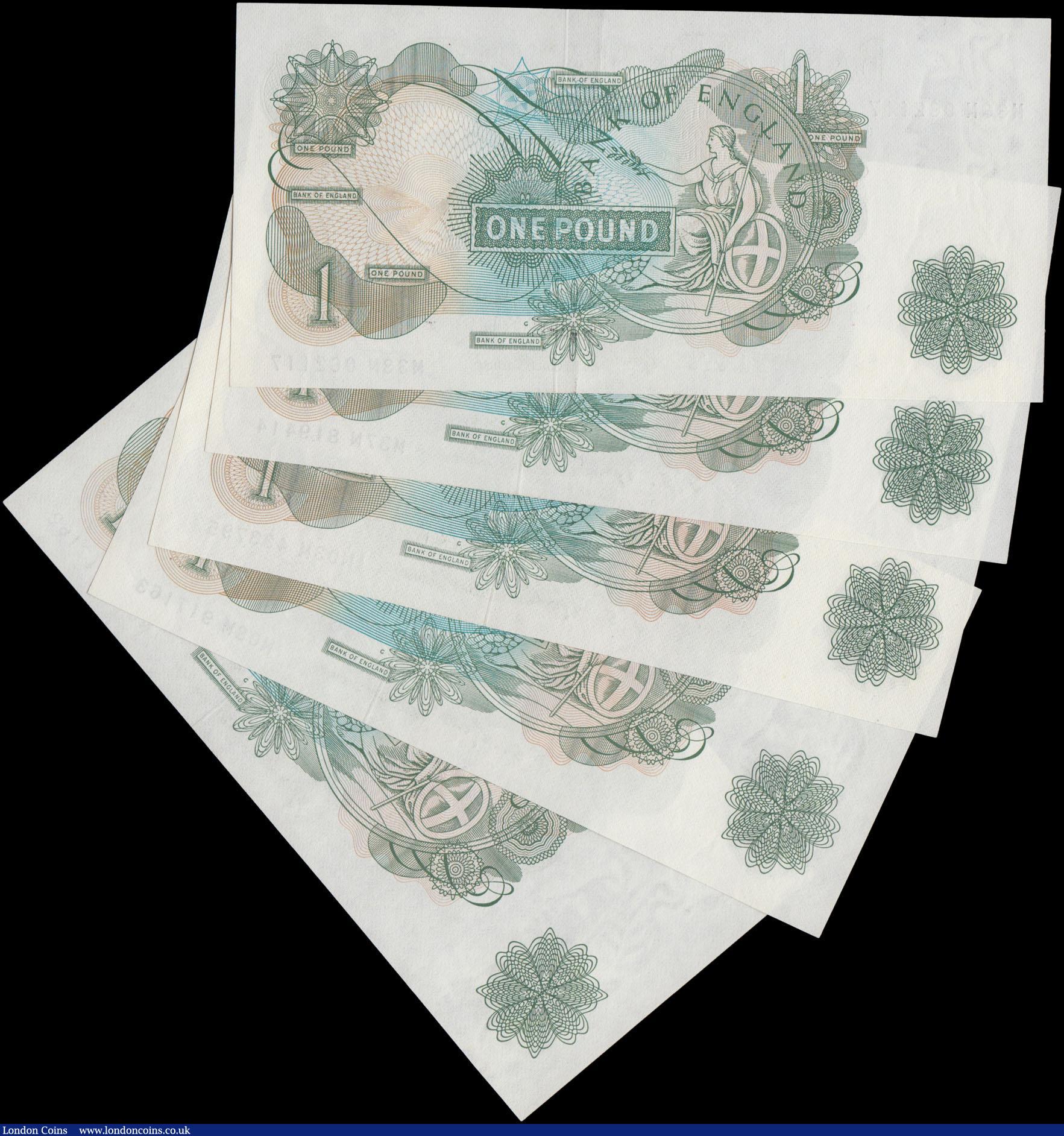 London Coins : A161 : Lot 71 : One Pound Fforde (5) B304 & B308 issued 1967, all "G" reverse REPLACEMENT notes, (Pick...