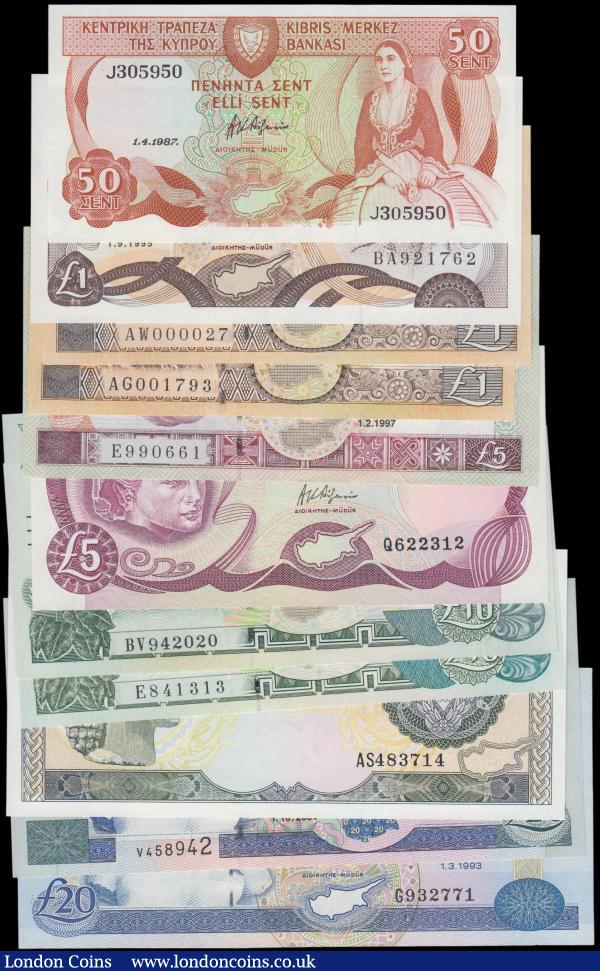 Cyprus (11), 20 Pounds dated 1993 series G932771, (Pick56b), 20 Pounds dated 2001 series V458942, (Pick63b), 10 Pounds dated 1995 series AS 483714, (Pick55d), 10 Pounds dated 1997 series E 841313, (Pick59), 10 Pounds dated 2005 series BV 942020, (Pick62e), 5 Pounds dated 1995 series Q 622312, (Pick54b), 5 Pounds dated 1997 series E 990661, (Pick58), 1 Pound (3) dated 1995 and 2001 including one very low number AW 000027, (Pick53d & Pick60c), 50 Cents dated 1987 series J 305950, (Pick52), the 5 Pounds 1997 good VF the rest all Uncirculated : World Banknotes : Auction 162 : Lot 234