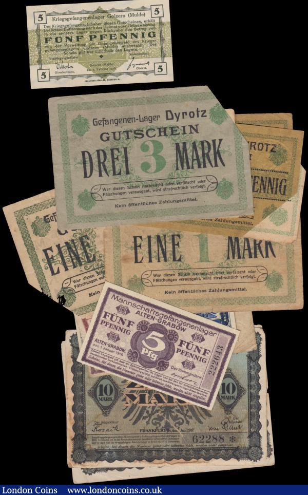 Germany WW1 Prisoner of War camp notes (19), including Guben, Doberitz, Golzern, Frankfurt and others, values 5 Pfenning to 10 Mark, scarcer types seen, mixed grades : World Banknotes : Auction 162 : Lot 253