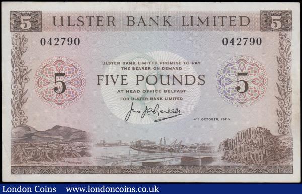 Northern Ireland Ulster Bank Limited 5 Pounds dated 4th October 1966 series 042790, signed J.J.A. Leitch, (Pick322a), rare date EF : World Banknotes : Auction 162 : Lot 314