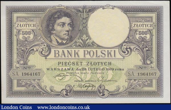 Poland 500 Zlotych dated 1919 series SA 1964167, portrait Tadeus Kosciuszko at top left, (Pick58), about Uncirculated : World Banknotes : Auction 162 : Lot 319