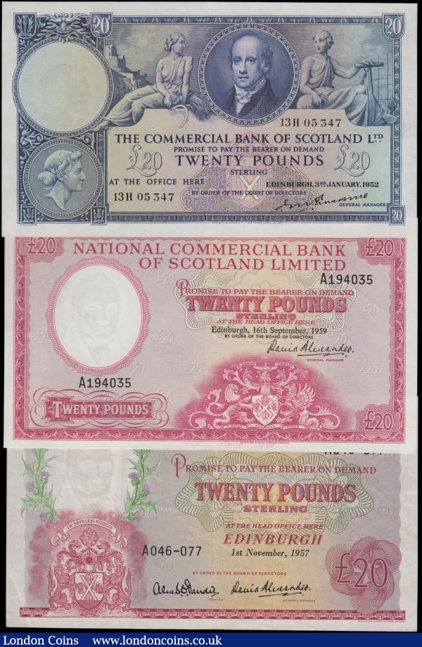 Scotland (3), a selection of scarce 20 Pounds, Commercial Bank Limited 20 Pounds dated 3rd January 1952 series 13H 05347, (PickS334), tiny edge nick otherwise EF, National Commercial Bank Limited 20 Pounds dated 16th September 1959 series A194035, (Pick267) EF, National Bank 20 Pounds dated 1st November 1957 series A046-077, (Pick263) VF : World Banknotes : Auction 162 : Lot 332