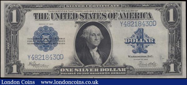 USA 1 Dollar Silver Certificate dated 1923 series Y48218430D, signed Speelman & White, blue seal, portrait George Washington at centre, (Pick342), in PCGS holder graded 55OPQ About Uncirculated : World Banknotes : Auction 162 : Lot 363