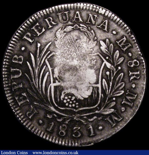 Philippines 8 Reales Countermarked Coinage, Crowned F.7.0 on host coin Peru 8 Reales 1831 Lima Mint, KM#83, countermark Fine, host coin About Fine : World Coins : Auction 162 : Lot 1259