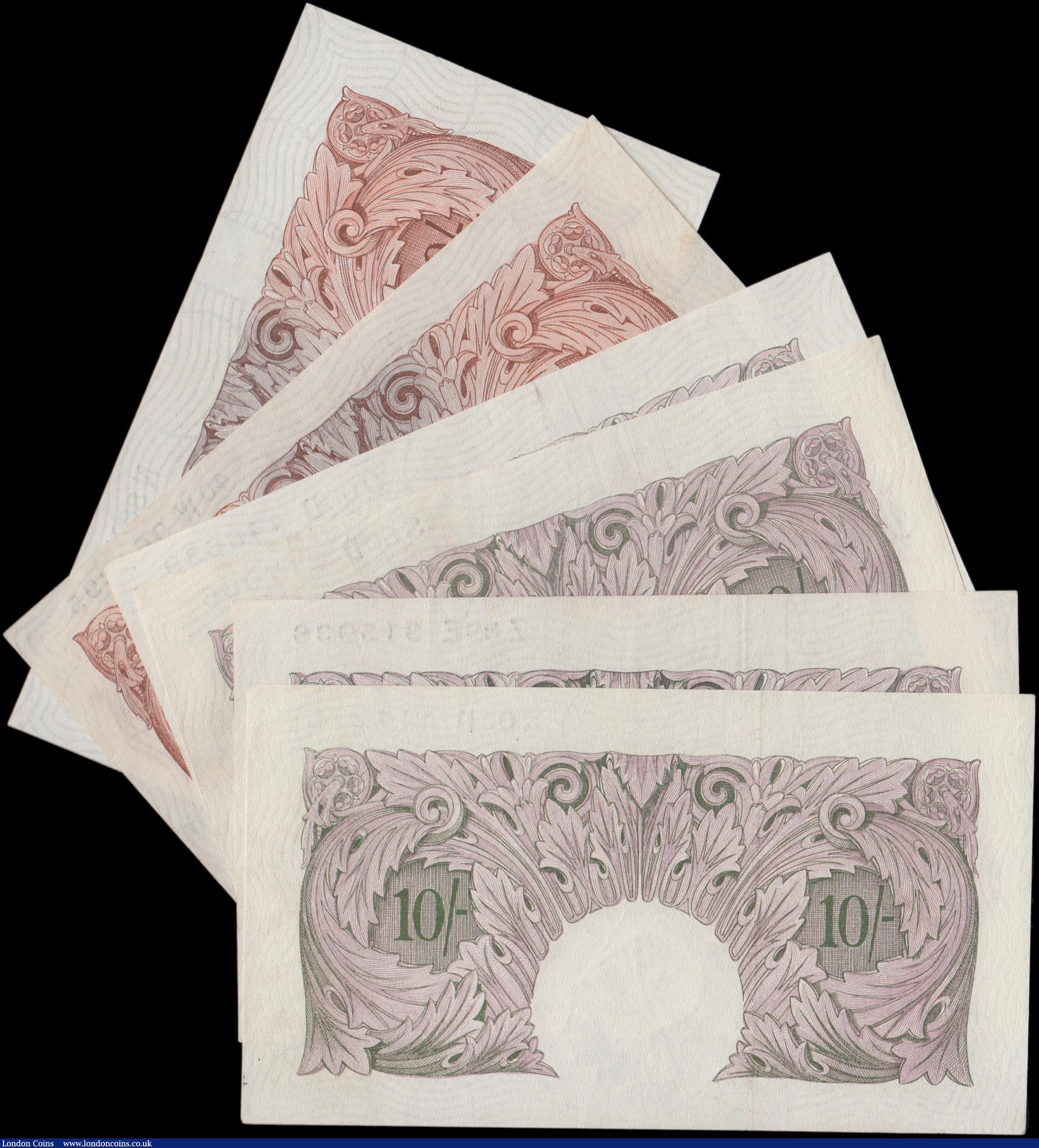 London Coins : A162 : Lot 131 : Peppiatt Ten Shillings (6), Peppiatt mauve WW2 issue (4) B251, EF or better, Peppiatt 1934 unthreade...