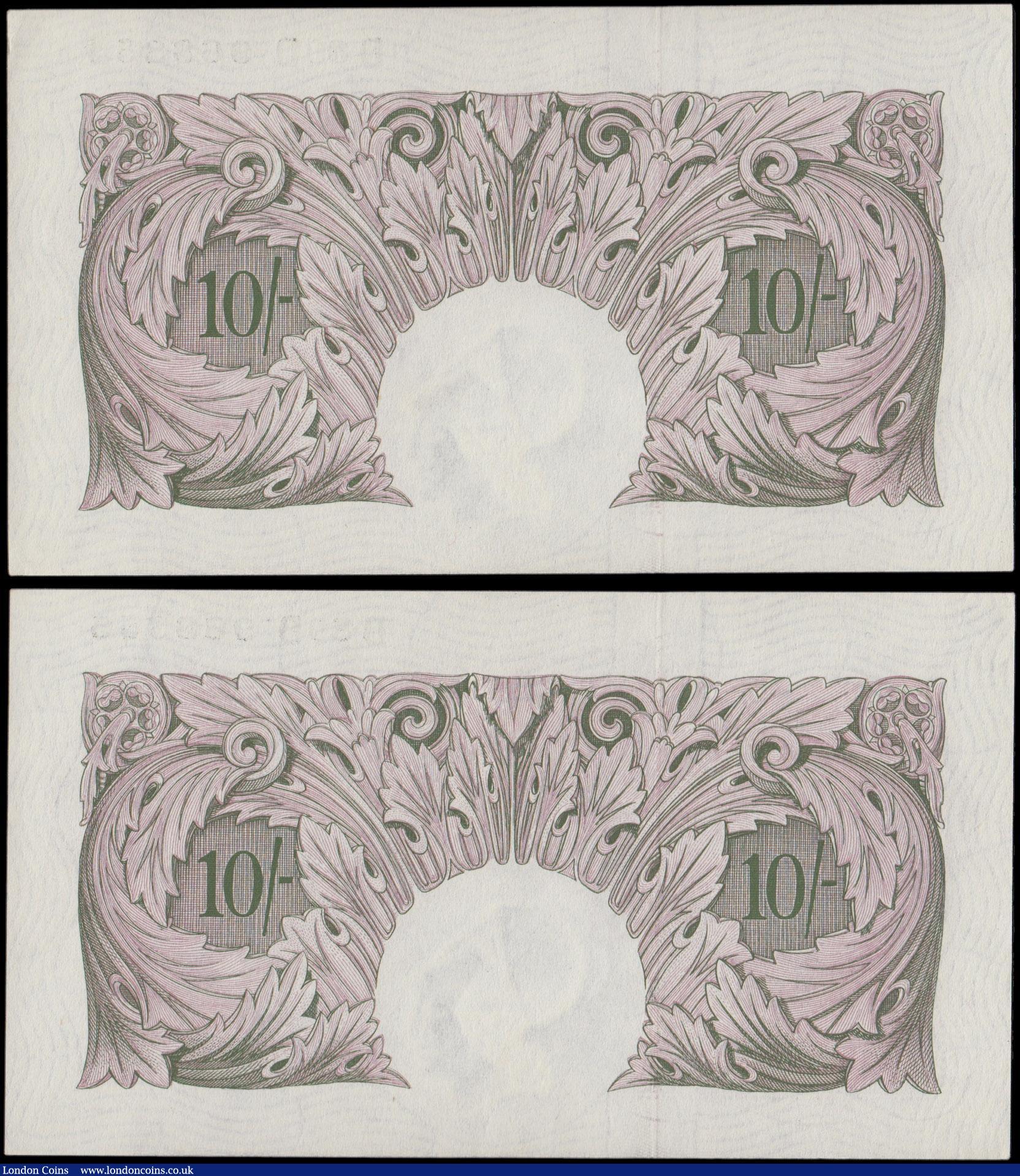 London Coins : A162 : Lot 132 : Peppiatt Ten Shillings B251 (2) mauve emergency issue 1940, a pair of consecutively numbered notes s...