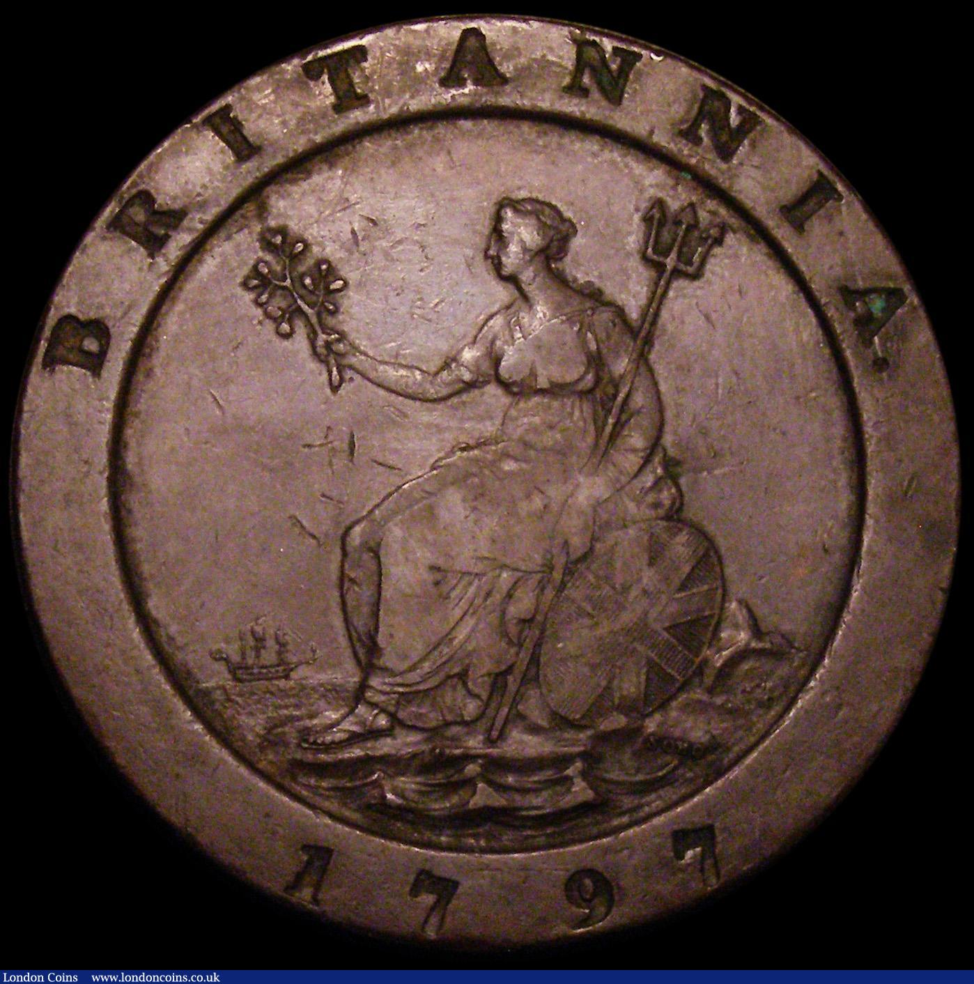 London Coins : A162 : Lot 1556 : Twopence 1797 with crowned GW countermark on the obverse, countermark GVF, host coin VF