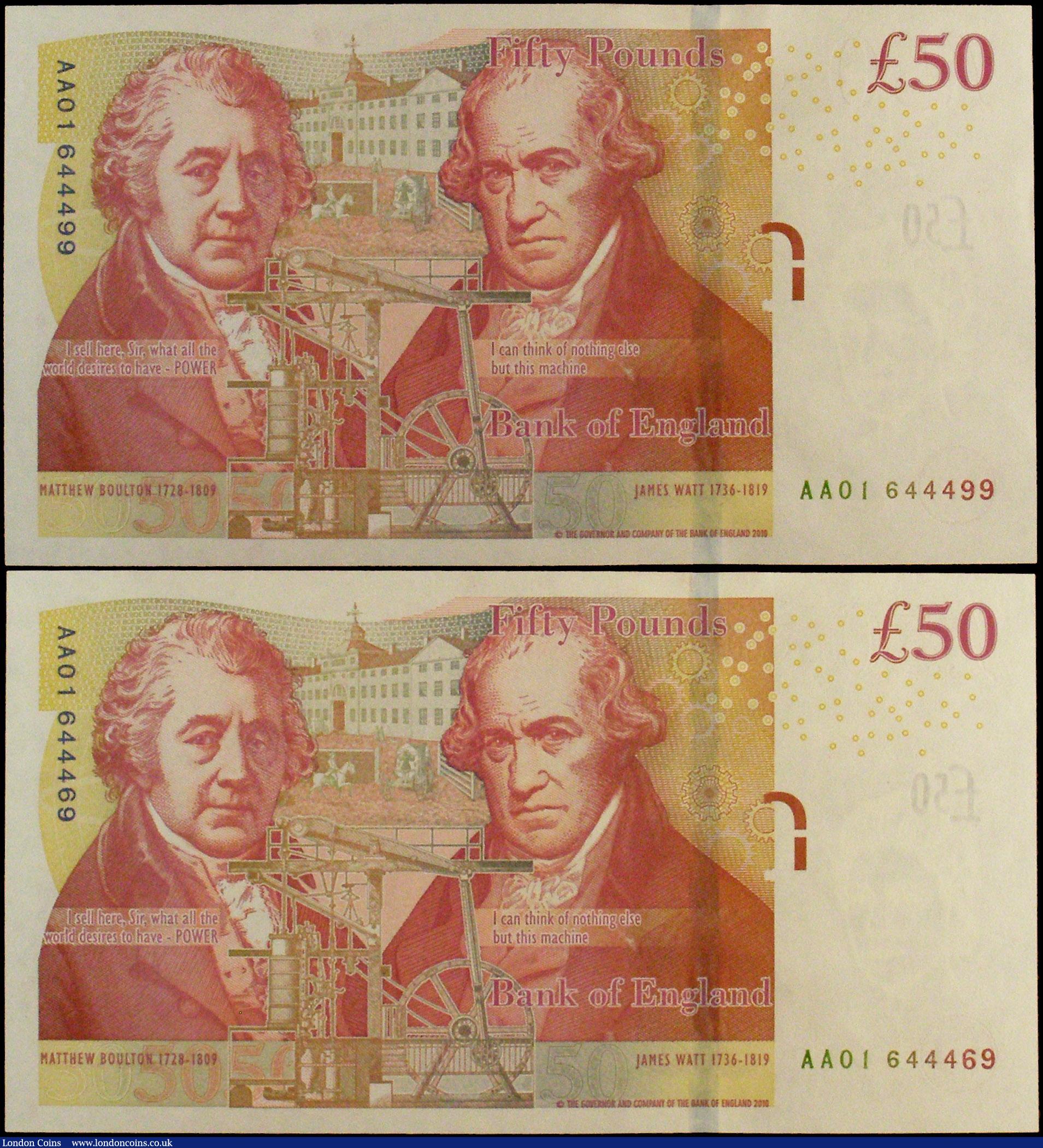 London Coins : A162 : Lot 158 : Salmon Fifty Pounds B410 (2) issued 2011, FIRST RUN notes series AA01 644499 & AA01 644469, Matt...