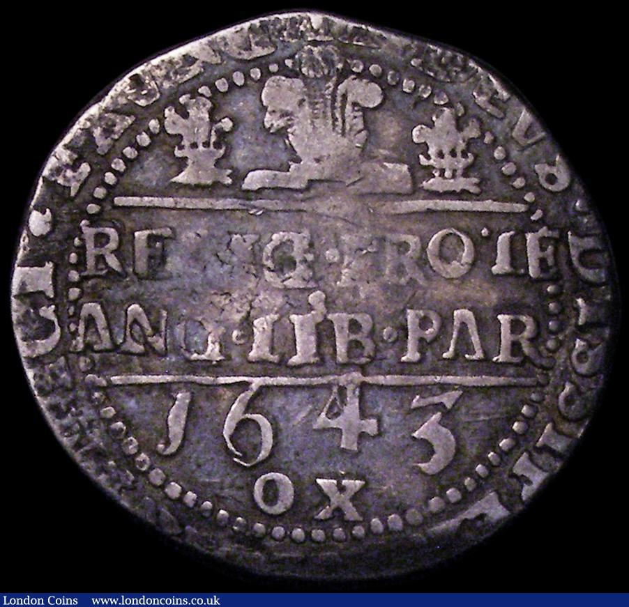 London Coins : A162 : Lot 1602 : Halfcrown Charles I Oxford Mint 1643 Reverse: Two Small Plumes flanking a larger central plume, Decl...