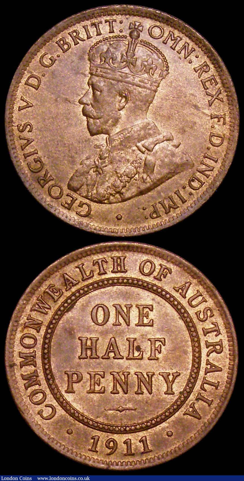 London Coins : A162 : Lot 1645 : Australia (2) Penny 1912H KM#23 UNC with traces of lustre and minor cabinet friction, Halfpenny 1911...