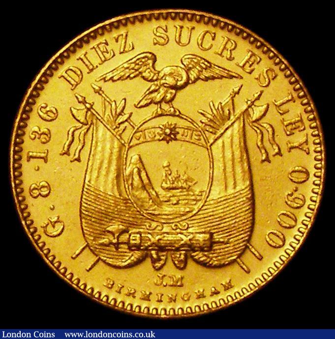 London Coins : A162 : Lot 1651 : Ecuador 10 Sucres Gold 1899 Birmingham JM KM#56 VF Ex-Jewellery