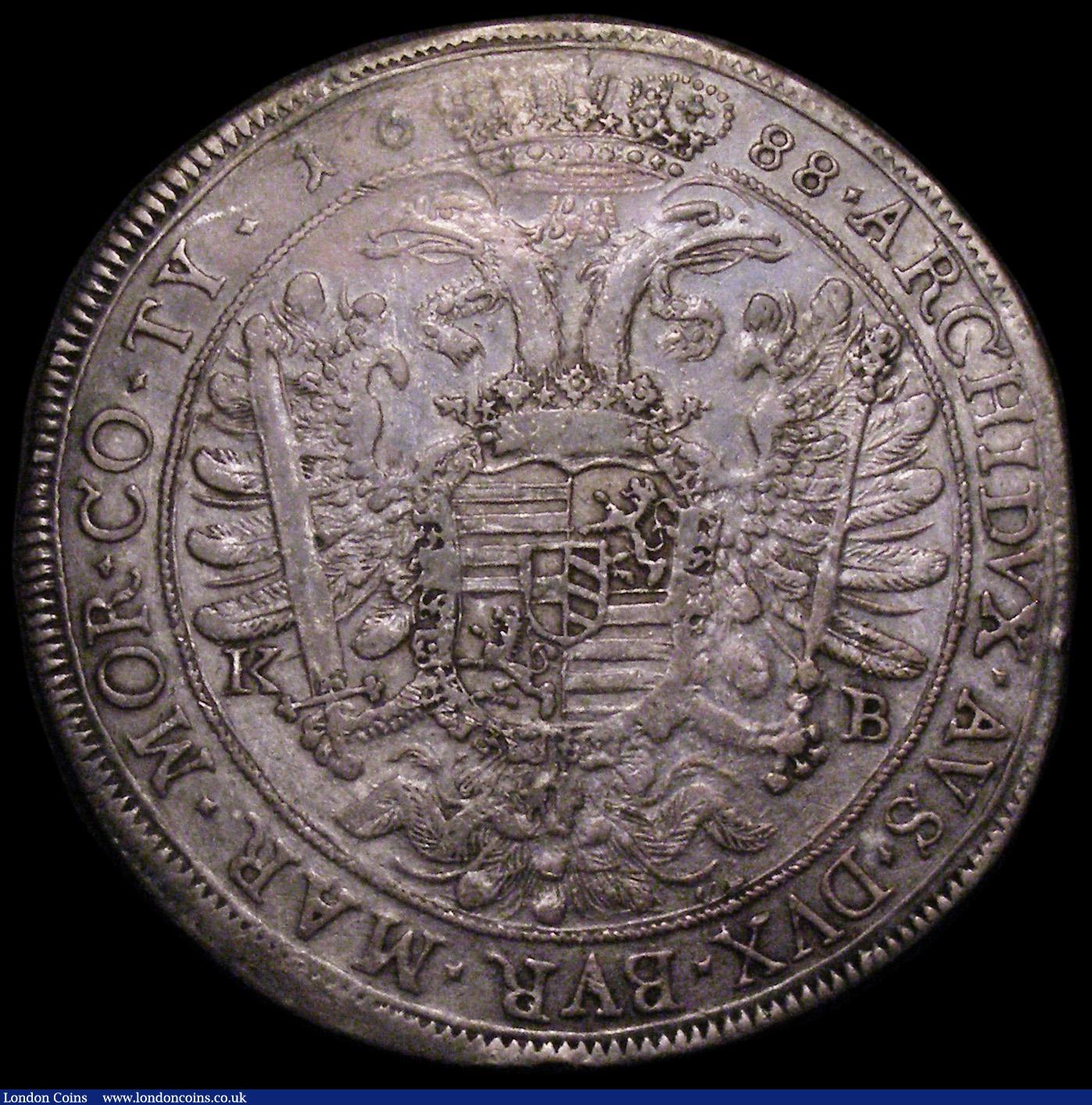 London Coins : A162 : Lot 1669 : Hungary Thaler 1688 KB Kremnitz Mint KM#214.1, Dav.3260 VF with old grey tone