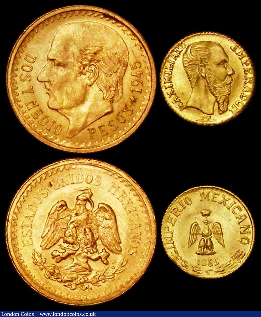 London Coins : A162 : Lot 1703 : World small gold (3) Mexico 2 1/2 Pesos 1945 KM#463 UNC, Mexico Fantasy Gold Peso 1865 Maximillian U...