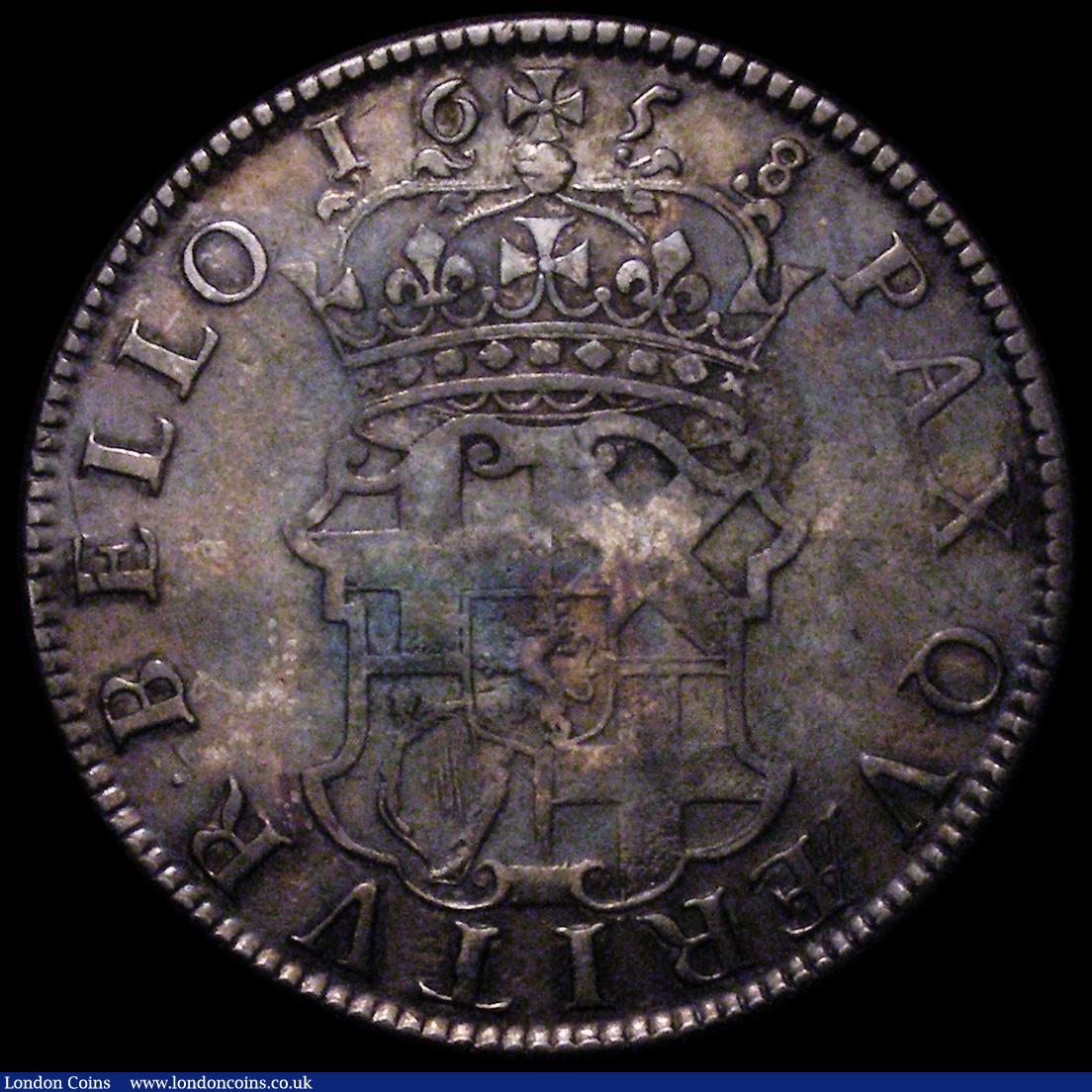 London Coins : A162 : Lot 1705 : Crown 1658 8 over 7 Cromwell ESC 10, Bull 240 Fine, toned with the die flaw at it's late stage