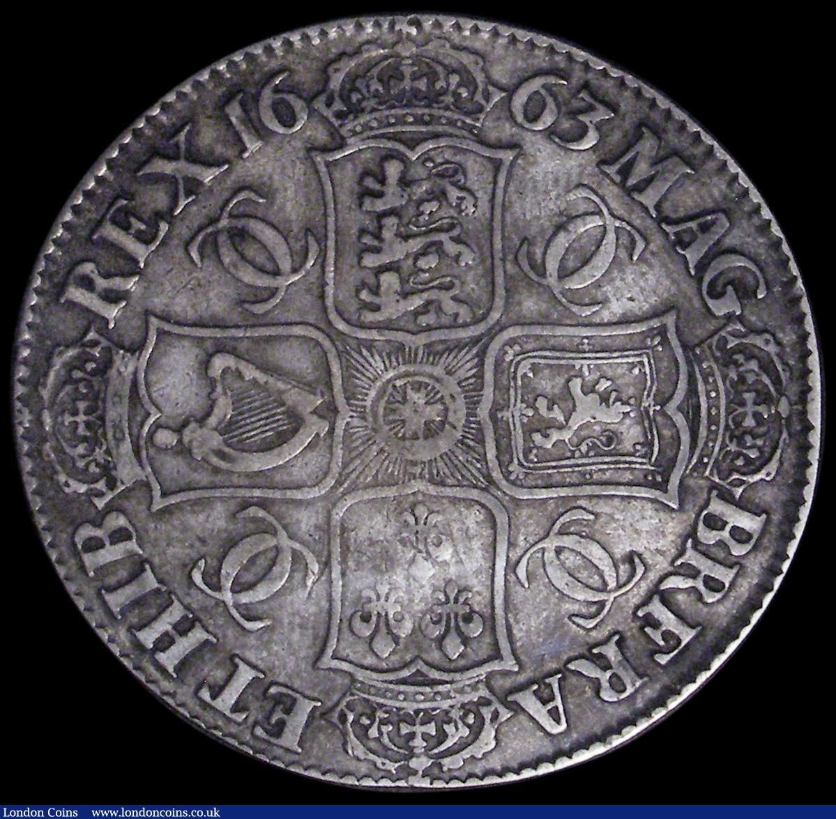 London Coins : A162 : Lot 1707 : Crown 1663 Cloak frosted, Extra curl below C, No Stops on Reverse ESC 27A, Bull 359 VG/Fine, Very Ra...