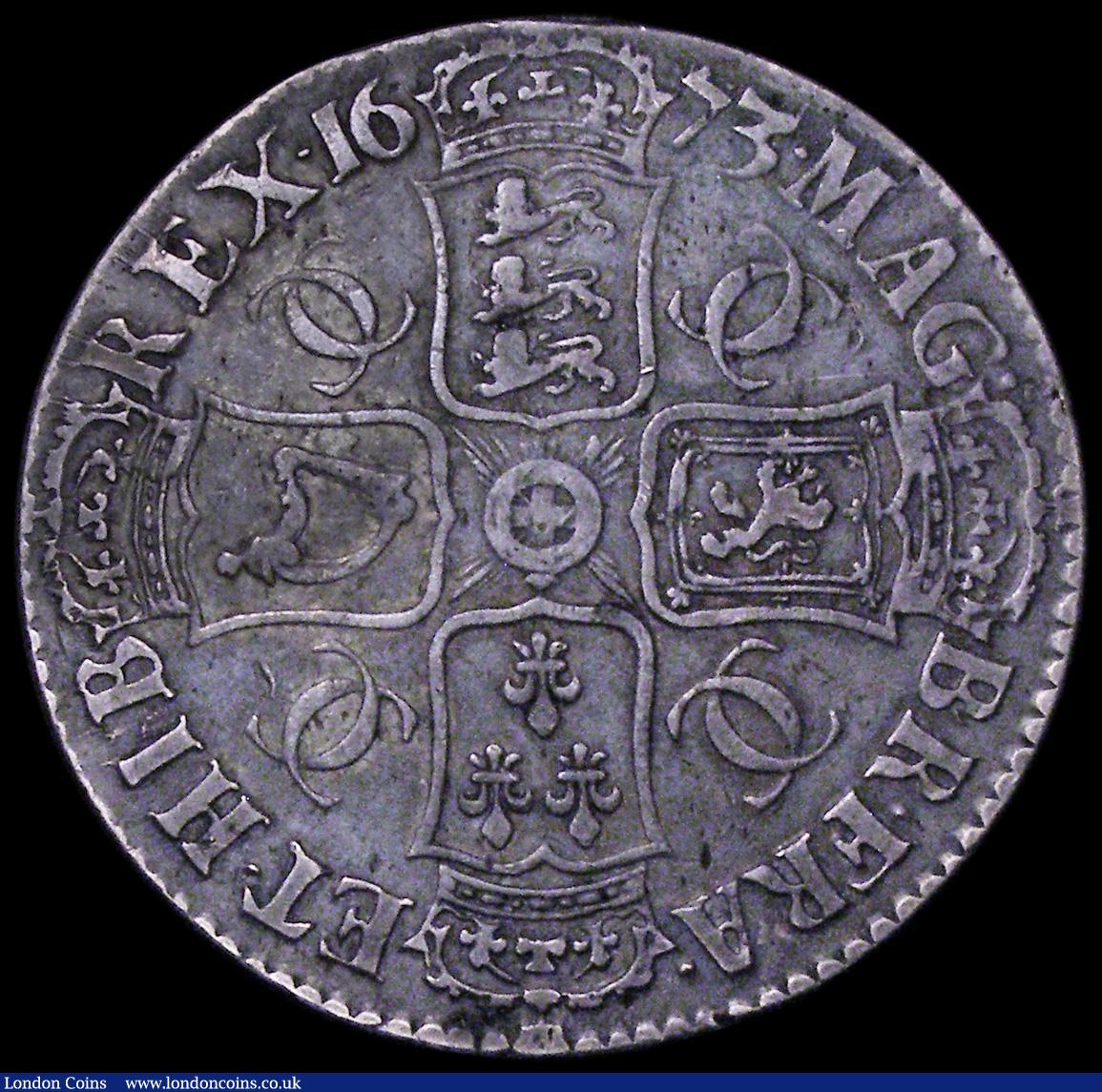London Coins : A162 : Lot 1709 : Crown 1673 Third Bust, VICESIMO QVINTO ESC 47, Bull 390 Fine with grey tone