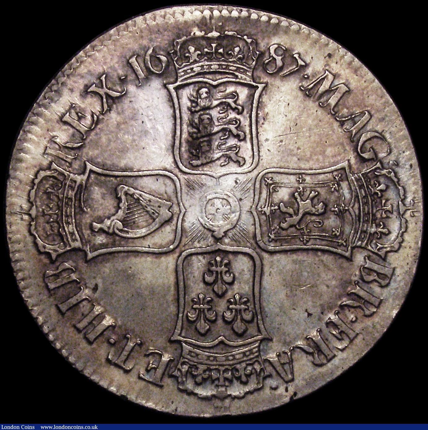 London Coins : A162 : Lot 1712 : Crown 1687 TERTIO ESC 78, Bull 743 GVF and nicely toned, the reverse with a thin scratch