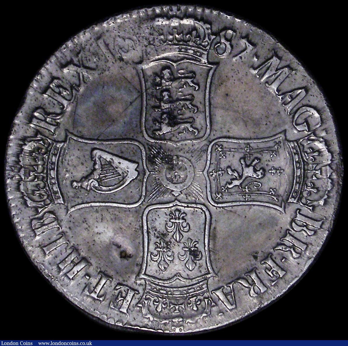 London Coins : A162 : Lot 1714 : Crown 1687 TERTIO ESC 78, Bull 743 VF the obverse smoothed in the left field and with small initials...