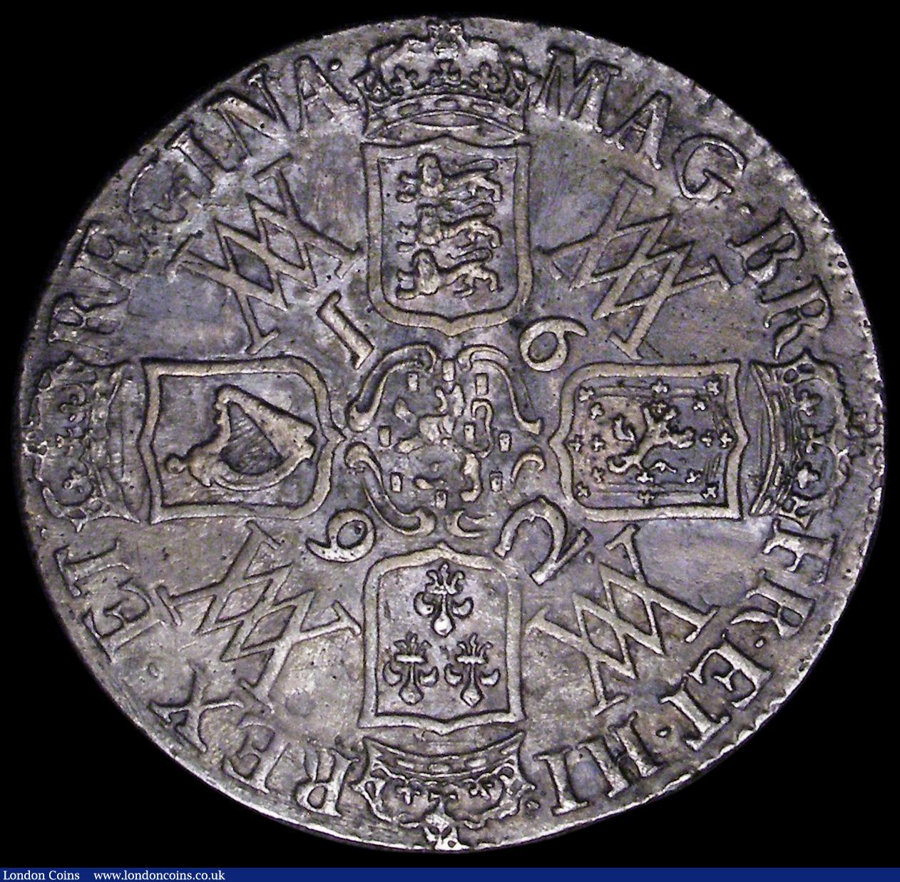 London Coins : A162 : Lot 1716 : Crown 1692 2 over inverted 2 QVINTO edge, ESC 85 VF with many fine scratches on the surfaces and on ...