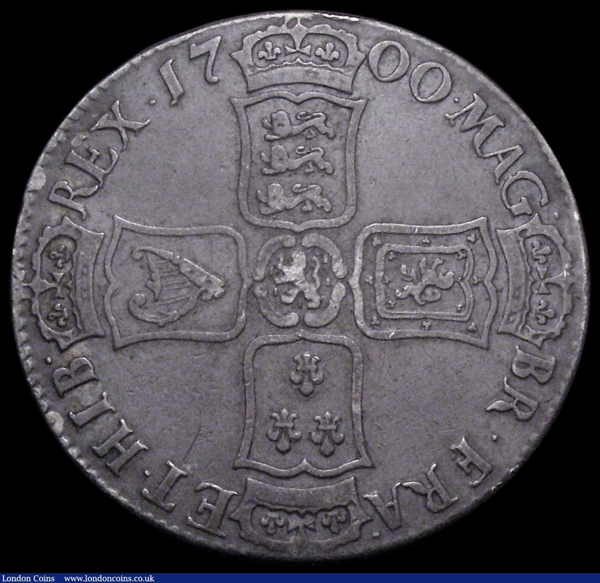 London Coins : A162 : Lot 1717 : Crown 1700 DECIMO TERTIO D of DECIMO over reversed D, ESC 98, Bull 1011 VG/NF with even grey toning,...