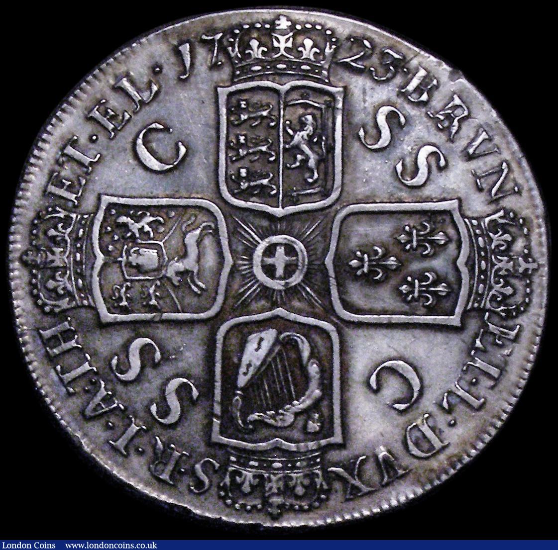 London Coins : A162 : Lot 1720 : Crown 1723 SSC ESC 114, Bull 1545 GVF with an old grey tone, the obverse with a series of fine scrat...