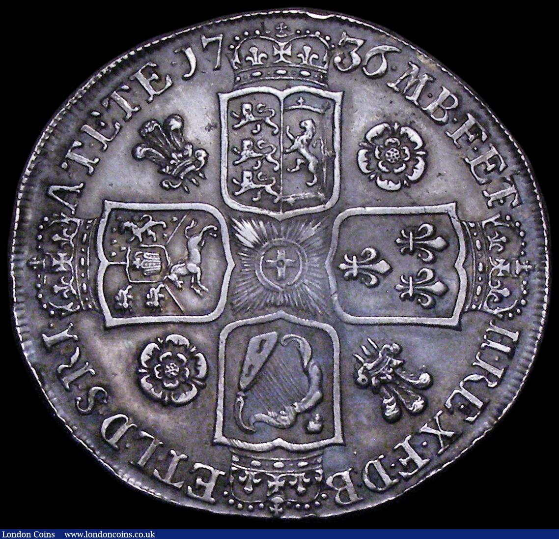 London Coins : A162 : Lot 1722 : Crown 1736 Roses and Plumes ESC 121, Bull 1664, GVF with an attractive old grey tone, two minor edge...