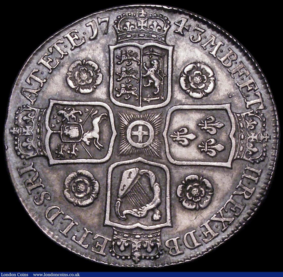 London Coins : A162 : Lot 1723 : Crown 1743 Roses ESC 124, Bull 1667 strong VF with a small spot on the portrait and a small x-shaped...