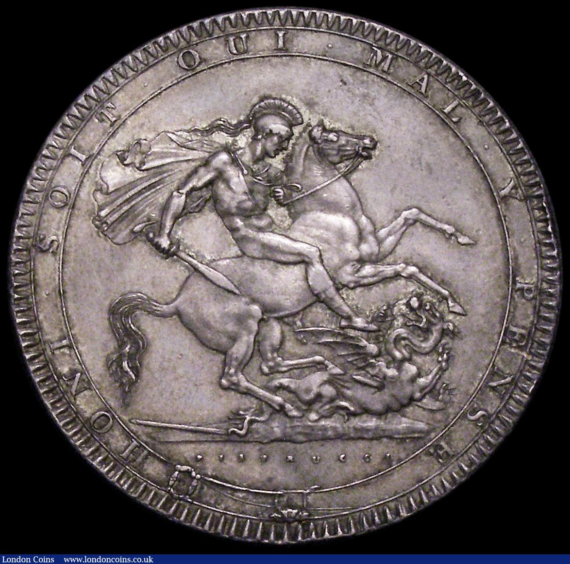 London Coins : A162 : Lot 1725 : Crown 1818 LIX ESC 214, Bull 2009 NEF attractively toned with some contact marks and a small dig in ...