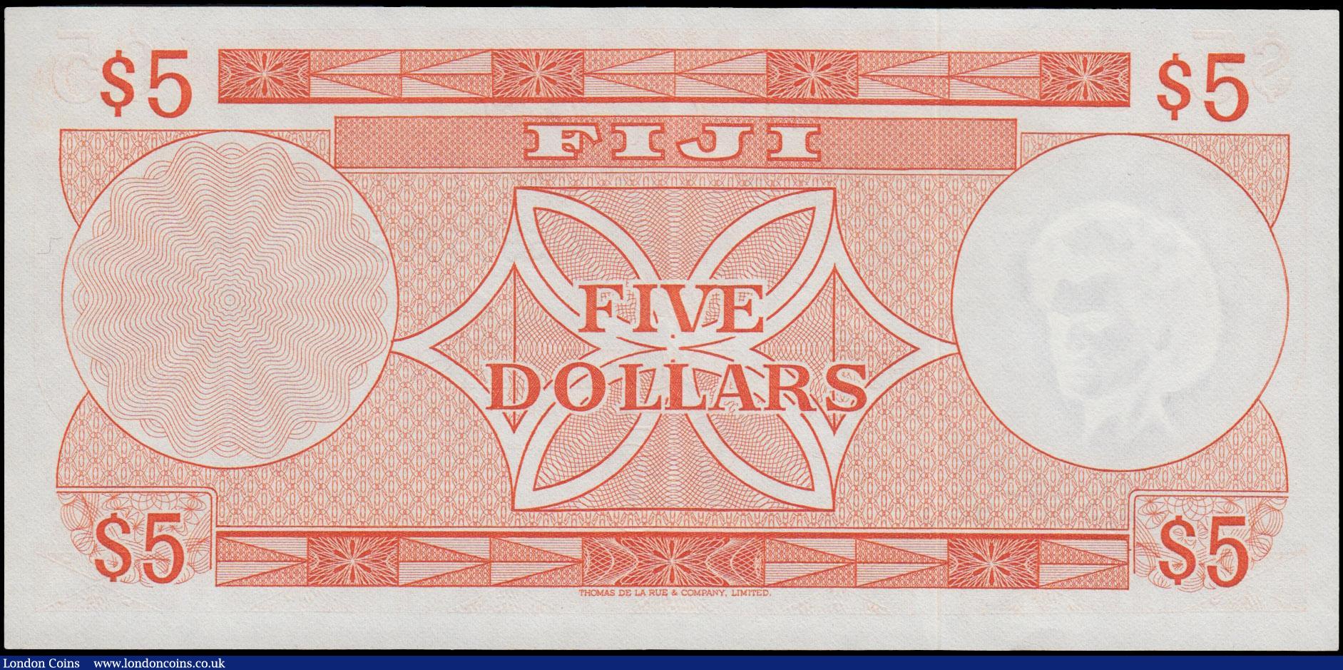 London Coins : A162 : Lot 173 :  Fiji 5 Dollars issued 1974 series A/5 505985, signed Barnes & Tomkins, (Pick73c), good EF