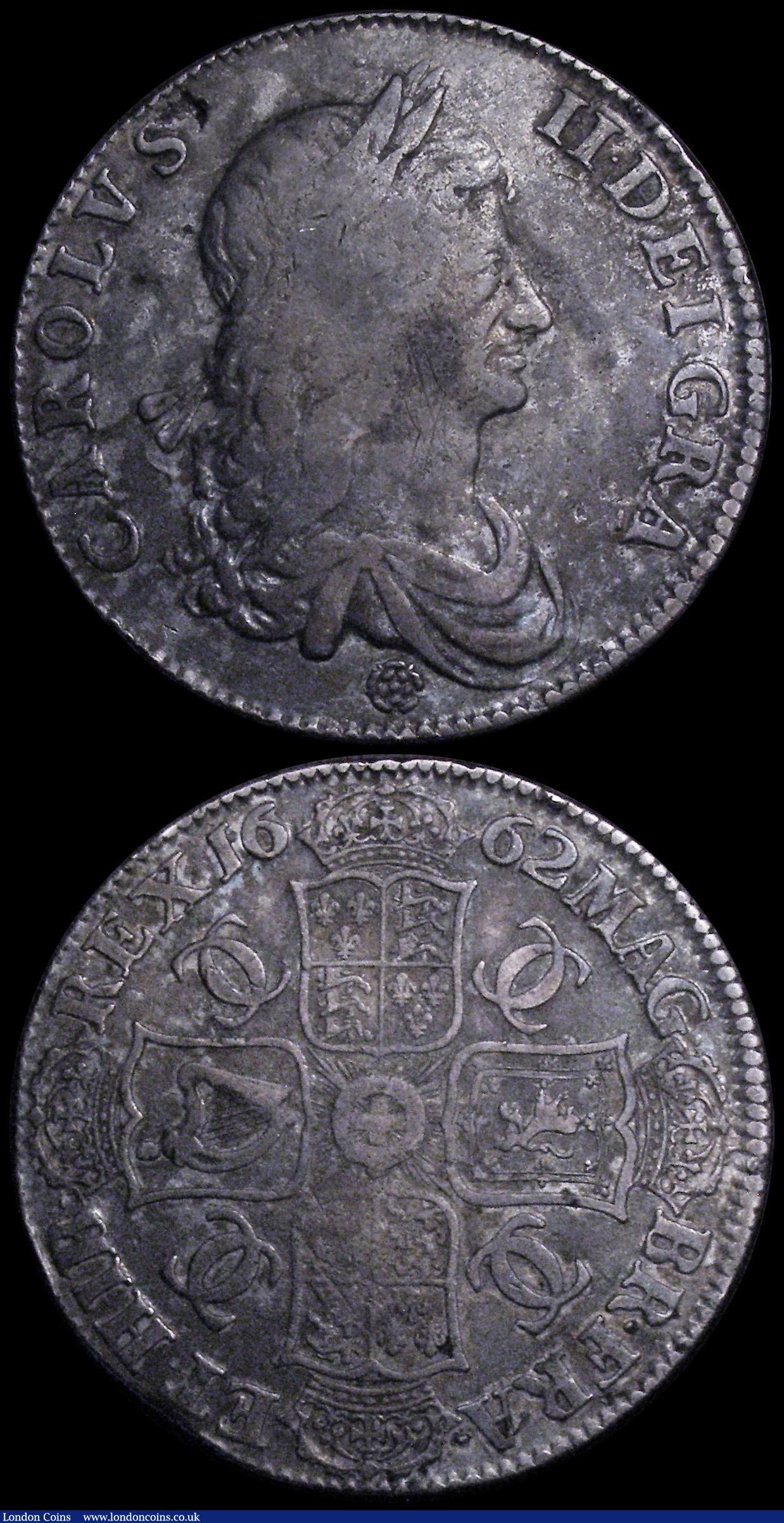 London Coins : A162 : Lot 1743 : Crowns (2) 1662 Rose below bust, edge undated ESC 15, Bull 339 Near Fine/Fine with old grey toning, ...