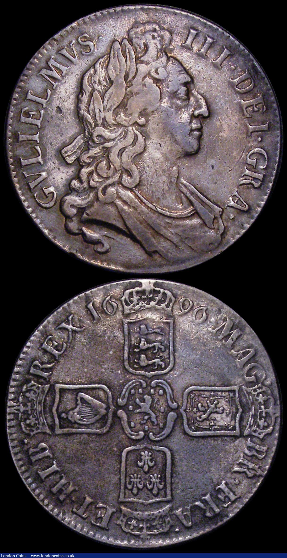 London Coins : A162 : Lot 1744 : Crowns (2) 1695 OCTAVO ESC 87, Bull 991 Fine or slightly better and nicely toned with a flaw  on the...