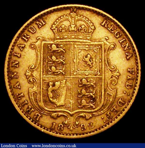 London Coins : A162 : Lot 1831 : Half Sovereign 1892 No JEB on truncation, Lower shield S.3869D Good Fine