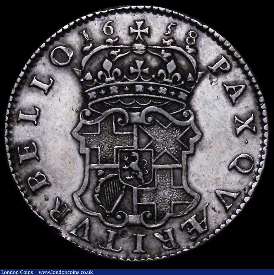 London Coins : A162 : Lot 1841 : Halfcrown 1658 Cromwell ESC 447, Bull 252 NVF with some edge nicks and a small dig above the laurel ...