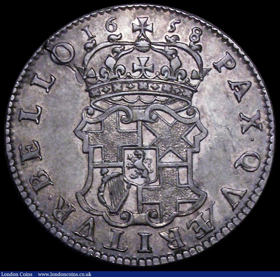 London Coins : A162 : Lot 1842 : Halfcrown 1658 Cromwell ESC 447, Bull 252 VF and attractively toned with a long flan crack at 7 o�...