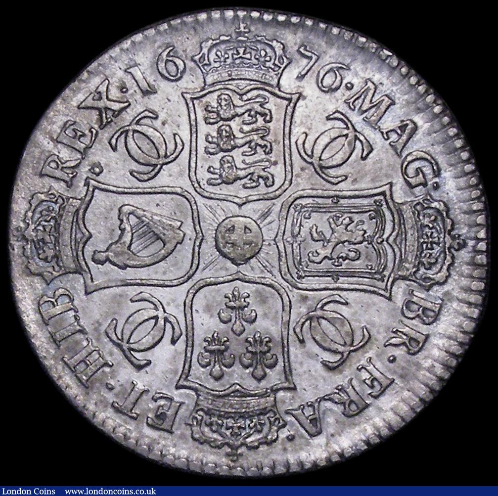 London Coins : A162 : Lot 1843 : Halfcrown 1676 Retrograde 1 ESC 478C, Fine/NVF, the obverse with some old scratches