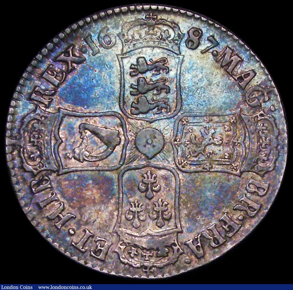 London Coins : A162 : Lot 1847 : Halfcrown 1687 ESC 498, Bull 753 Good Fine with an old and colourful tone, purchased from Astons Oct...