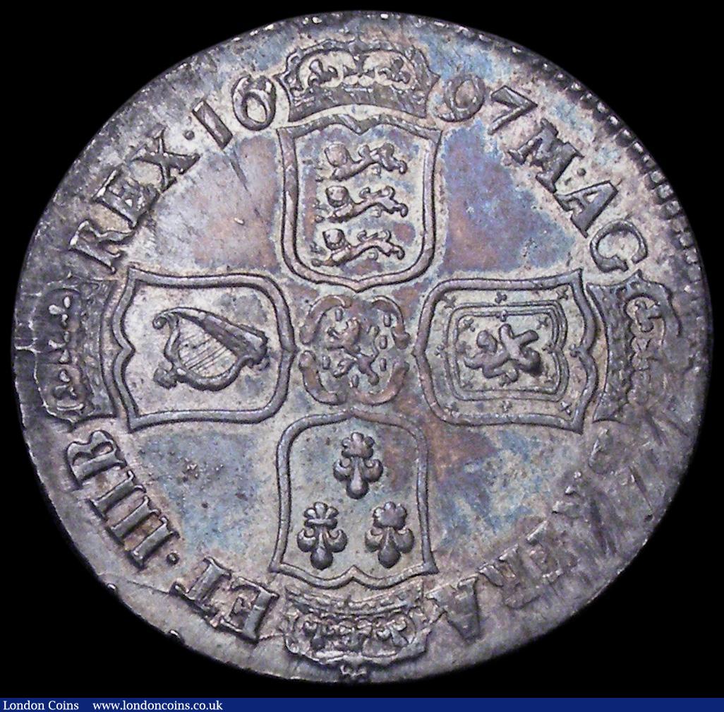 London Coins : A162 : Lot 1849 : Halfcrown 1697 First Bust, Large Shields, Later Harp, with E over larger E in GVLIELMVS as ESC 541, ...