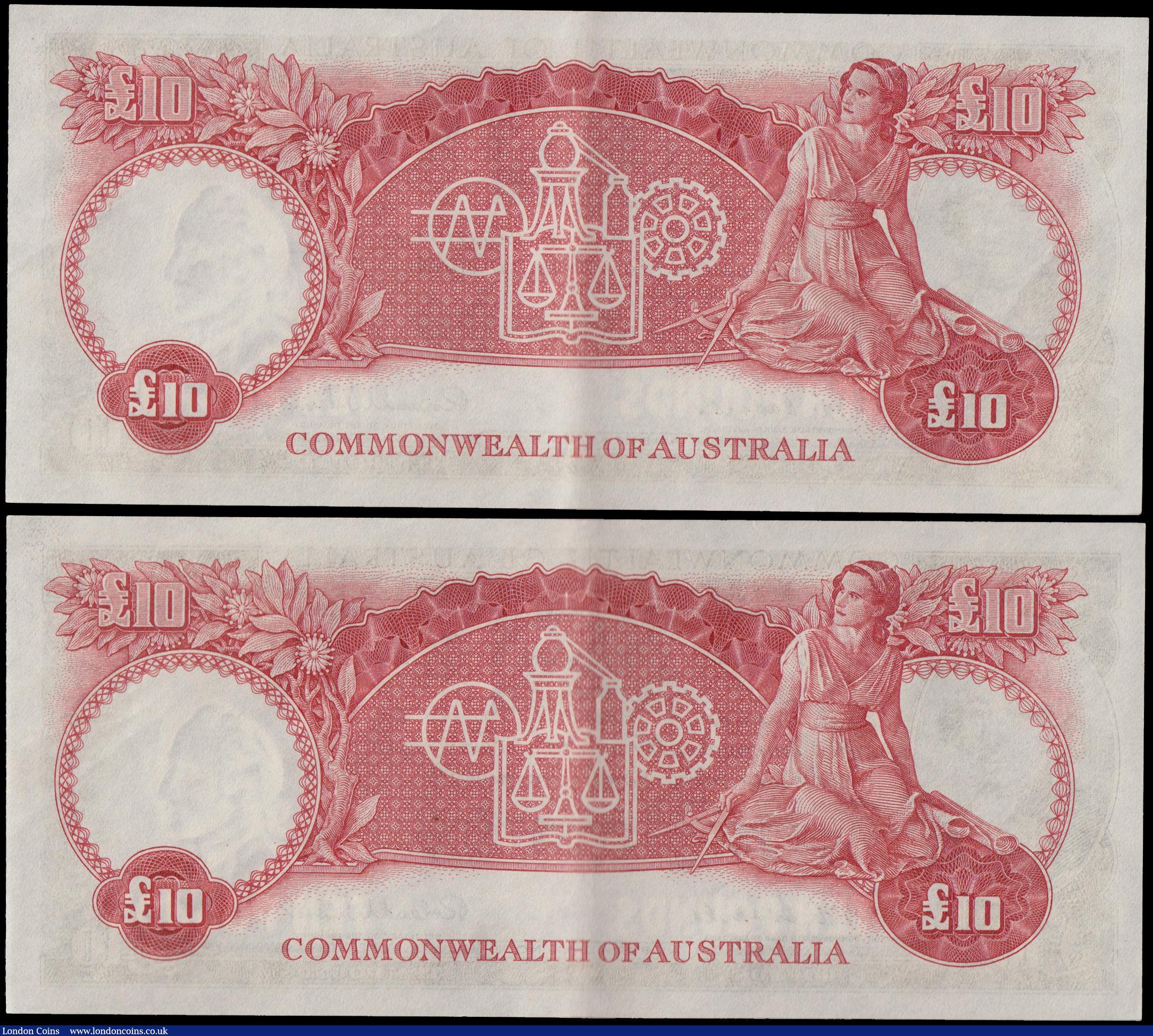 London Coins : A162 : Lot 185 : Australia 10 Pounds issued 1954 - 1959, a consecutively numbered pair series WA/03 193012 & WA/0...