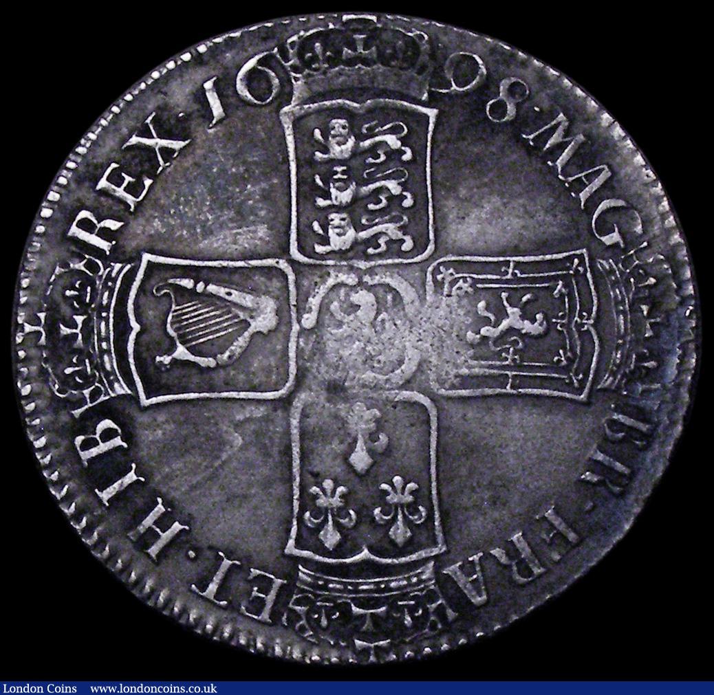 London Coins : A162 : Lot 1851 : Halfcrown 1698 DECIMO ESC 554, Bull 1034 VF with grey tone